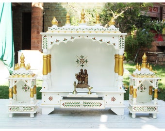 Handcrafted Mango Wood Hindu Temple: White Wall Mount Pooja Mandir