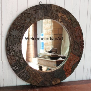 Reclaimed Wooden Round Mirror Made From Old Fabric Printing Blocks Decorative Entryway Mirror Wall Hanging Wall Décor Antique Collectible