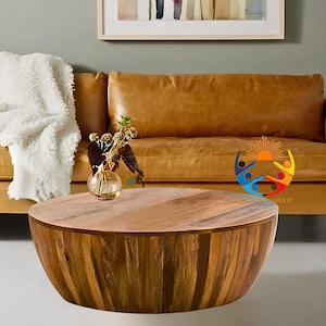 Wooden Coffee Table Drum Coffee Table Rustic Indian Furniture Handmade Solid Wood Living Room Table Indian Artisan Craft Sustainable Crafts