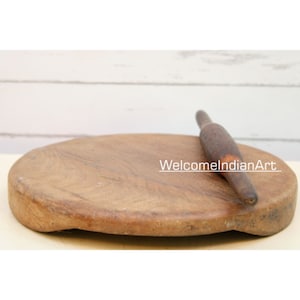Houten Chakla Belen, oude gebruikte rolplankstandaard, deegroller Chapati Roti Maker, boerderij cottage keukendecor, rustieke houten vijzel set