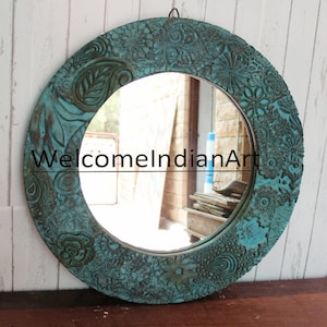 Antique Wood Carved Mirror Wall Hanging Decor Panel Rustic Distressed Living Room Decor Round Mirror Frame Art Piece Antique Collectible Art