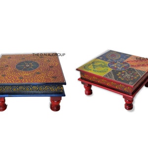 Indian Handmade Wooden Bajot Hand Painted Chowki God Sitting Stool Indian Puja Chowki For Diwali Traditional Ritual Pooja Decor