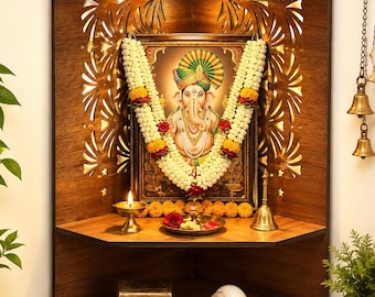 Ecke Pooja Mandir | Walnussholz Wandhalterung Temple Regal mit LED-Licht