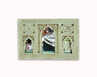 Handgefertigter Jharokha Holzspiegel im Crackle Stil | Vintage Indische Wanddeko | Antiker Rustikaler Spiegelrahmen
