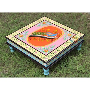 Indian Wooden Hand Painted Chowki Bajot Handmade Traditional Unique Design Patla For Home Decor Religious Gift For Relative Low Height Table