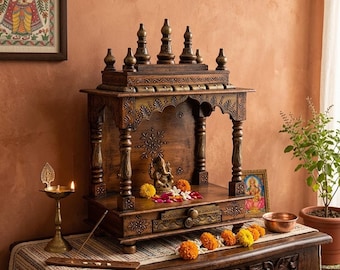 Wooden Temple Mandir: Copper Finished Pooja Ghar with Drawer, Free Tariff & Shipping