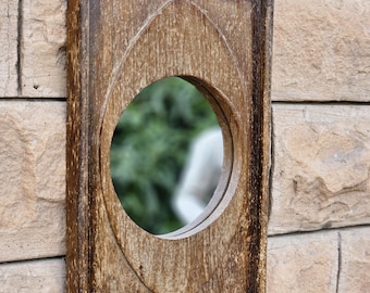 Rustic Oval Mirror in Hand-Carved Distressed Wood Frame