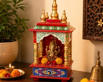 Handcrafted Wooden Temple: Small Multi-Color Pooja Ghar, Wall Mount