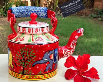 Hand Painted Aluminum Tea Kettle: Indian Elephant Design, Decorative Teapot