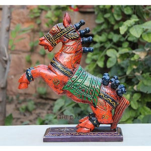 Wooden Handpainted Carved Horse Artistry Unique Tabletop Decor Masterpiece for Home Aesthetics