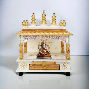 15&quot; Hindu Handcrafted Wood Puja Mandir Religious Temple for Home/Office Indian Pooja Ghar Mandap Worship Golden Painted Diwali Mandir in USA
