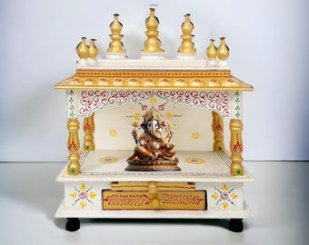 15" Hindu Handcrafted Wood Puja Mandir Religious Temple for Home/Office Indian Pooja Ghar Mandap Worship Golden Painted Diwali Mandir in USA