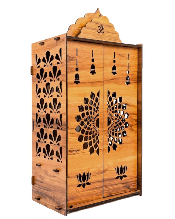 Wooden Mandir with Doors: Compact Hindu Pooja Temple, Wall Decor (60x35x20 cm)