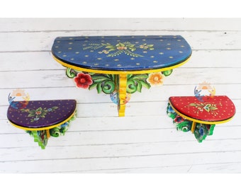 Set of 3 Wooden Wall Shelf Handcrafted Open Wall Rack Handpainted Shelves