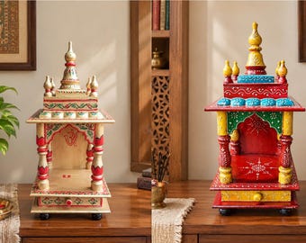 Handcrafted Wooden Temple Mandir: Indian Pooja Ghar with Drawer
