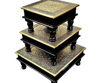 Wooden Chowki Handcrafted Brass Fitted Set of 3 Bajot Chowki