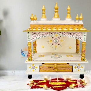 Wooden Mandir Gold Temple Hindu Pooja Ghar Mandap Worship Trendy Wall Mounted Home Decor Shrine Handmade Sacred Space Stand Rustic Cabinet