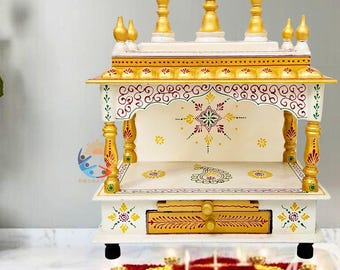 Wooden Mandir Gold Temple Hindu Pooja Ghar Mandap Worship Trendy Wall Mounted Home Decor Shrine Handmade Sacred Space Stand Rustic Cabinet