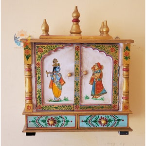 Wooden Mandir Radha Krishna Iskcon Temple Hand Painted Pooja Ghar Hand Carved Wall Hanging Decor Mandapam Indian Shrine Altar With Doors Art