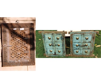 May include: A set of three wooden window shutters. One shutter features intricate floral carvings in natural wood. Two matching shutters are painted in a distressed light blue finish, each adorned with six brass studs and a central metal latch mechanism.