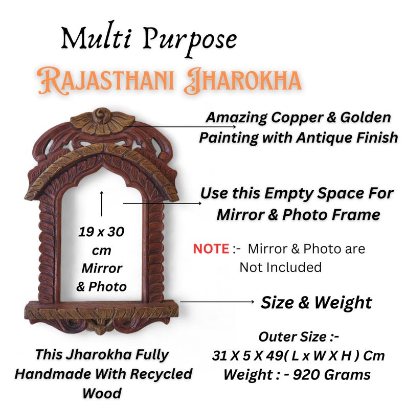 Handmade Rajasthani Jharokha Wood Frame: Hanging Wall Mirror image 3