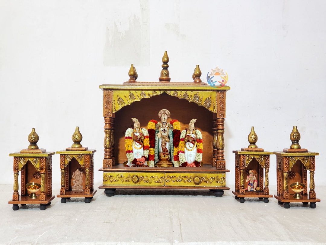 Pooja Mandir Temple Copper Wooden Puja Ghar Mandap for Home With 4 Mini ...