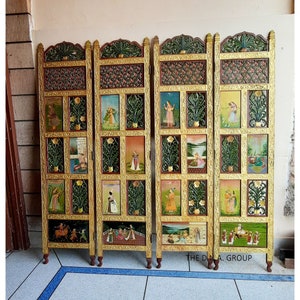 24K Pure Gold 4 Panels Folding Room Divider Screen, Vintage Indian Wooden Hand Painted Miniature Partition, Original Decor Panel Art 160 CM