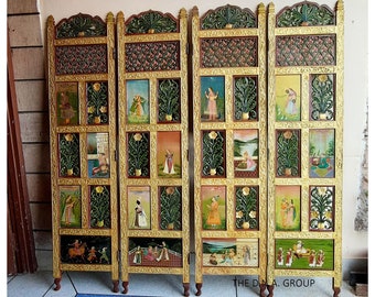 24K Pure Gold 4 Panels Folding Room Divider Screen, Vintage Indian Wooden Hand Painted Miniature Partition, Original Decor Panel Art 160 CM