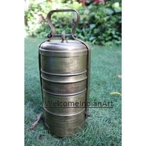 Vintage Indian Brass Tiffin Box: Handmade Lunch Box, Utensil Decor