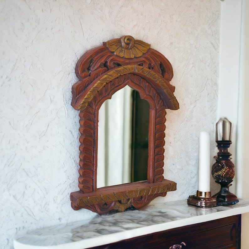 Handmade Rajasthani Jharokha Wood Frame: Hanging Wall Mirror image 2
