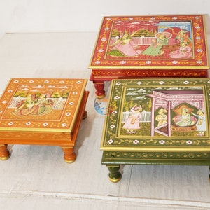 Indian Wooden Hand Painted Chowki Bajot Handmade Traditional Patla Design For Home Decor Religious Gift For Relatives Home Decor Furniture