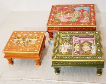 Indian Wooden Hand Painted Chowki Bajot Handmade Traditional Patla Design For Home Decor Religious Gift For Relatives Home Decor Furniture