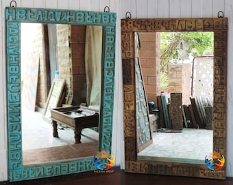 Handcarved Wooden Wall Mirror: Rustic Distressed Finish