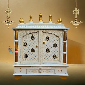 Wooden Temple With Golden Bells/ Elegant Handmade Wooden Pooja Mandir With Door/ Cabinet Sustainable Hindu Temple for Home & Office Worship