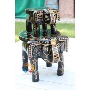 Handmade Wooden Elephant Stool Hand Carved Step Stool For Kids Wooden Handpainted Decorative Side Coffee Table Gift 1 Set Of 2 Foot Stools