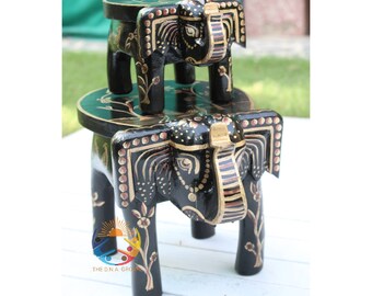 Handmade Wooden Elephant Stool Hand Carved Elephant Stool Wooden Stool Wooden Painted Stool Bar Stool Decorative Gift Item Sets of 2