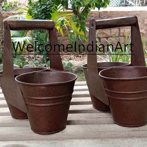 Iron Caddy Hanging Flower Pot/Iron Container/Recycled Iron Planter/Antique Garden Decor/Distress Finished Metal Pot for Table Decor Set Of 2