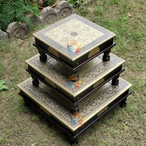 Handmade Hand Painted Wooden Square Chowki Brass Fitted Well Design Patla Multi Purpose Stool Set Of 3/Decorative Bajot for Temple/HomeDecor
