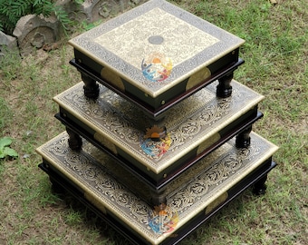 Handmade Hand Painted Wooden Square Chowki Brass Fitted Well Design Patla Multi Purpose Stool Set Of 3/Decorative Bajot for Temple/HomeDecor