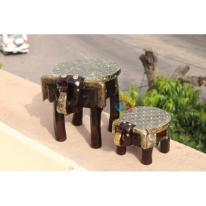 Wooden Elephant Stool/Hand Carved Brass Fitted Elephant Stool/Wooden Handpainted Foot Stool/Bar Stool/Decorative Gift Item Sets of 2