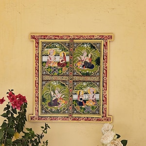Hand Painted Radha Krishna Window: Indian Farmhouse Wall Decor