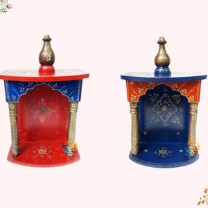 Indian Wooden Temple Small Hand Painted Pooja Ghar Mandap Wall Mount Mandir For Home Wall Decor Art