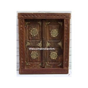 Antique Metal Fitted Old Wooden Indoor Shutter Frame, Exterior Distressed Window, Shabby Chic, Rustic Farmhouse Decor Indian Wall HangingArt