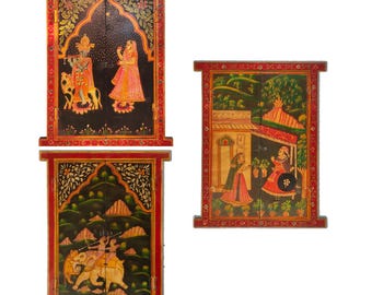 Wooden Window Jharokha  Frame Hand Painted Fine Art Radha Krishna Elephant Sawari King Queen Handmade Wall Hanging Indian Handicraft Gift