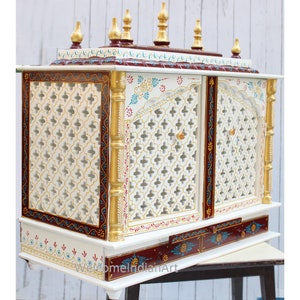 Wooden Temple For Home White Brown Hindu Pooja Ghar Religious Mandir With Door Handcrafted Diwali Decor Wall Mount Hanging Mandap In USA