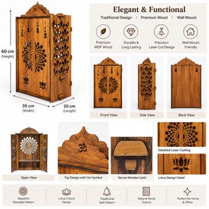 K&ouml;nnte beinhalten: Ein h&ouml;lzerner Wand-Tempelschrank mit lasergeschnittenen Mandala- und Lotusmustern, einem Om-Symbol und einem sicheren Verschluss. Er misst 60 cm in der H&ouml;he, 35 cm in der Breite und 20 cm in der L&auml;nge und zeigt eine nat&uuml;rliche Holzmaserung und Glockenmotive.