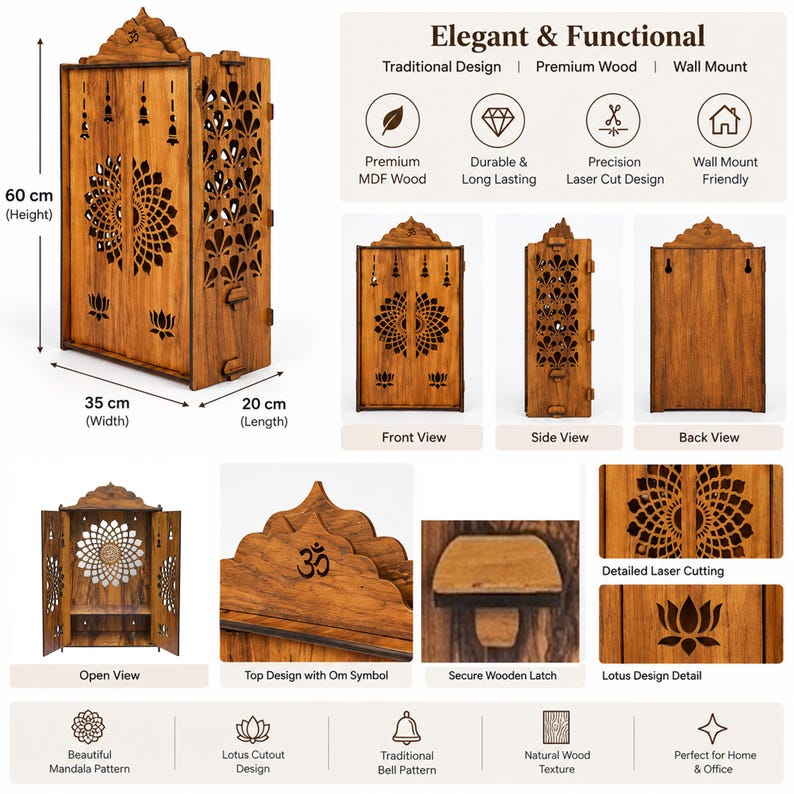 K&ouml;nnte beinhalten: Ein h&ouml;lzerner Wand-Tempelschrank mit lasergeschnittenen Mandala- und Lotusmustern, einem Om-Symbol und einem sicheren Verschluss. Er misst 60 cm in der H&ouml;he, 35 cm in der Breite und 20 cm in der L&auml;nge und zeigt eine nat&uuml;rliche Holzmaserung und Glockenmotive.