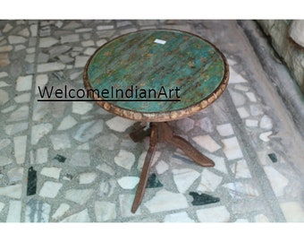 Hand Carved Round Wood Coffee Table: Indian Living Room Furniture