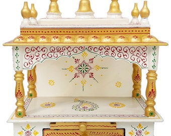 Handcrafted Wooden Puja Mandir: Golden Painted Hindu Temple, 15"