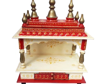 Handcrafted Wooden Temple: Handprinted Pooja Mandir, Wall Hanging Decor